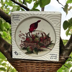 Coaster Stone Red Birds Cardinals Basket of Apples New Open Box Set 4 Coasters